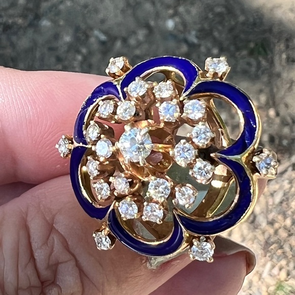 VINTAGE 14K YELLOW GOLD DIAMOND COBALT BLUE ENAMEL RING STATEMENT CUSTOM MADE - Picture 2 of 16